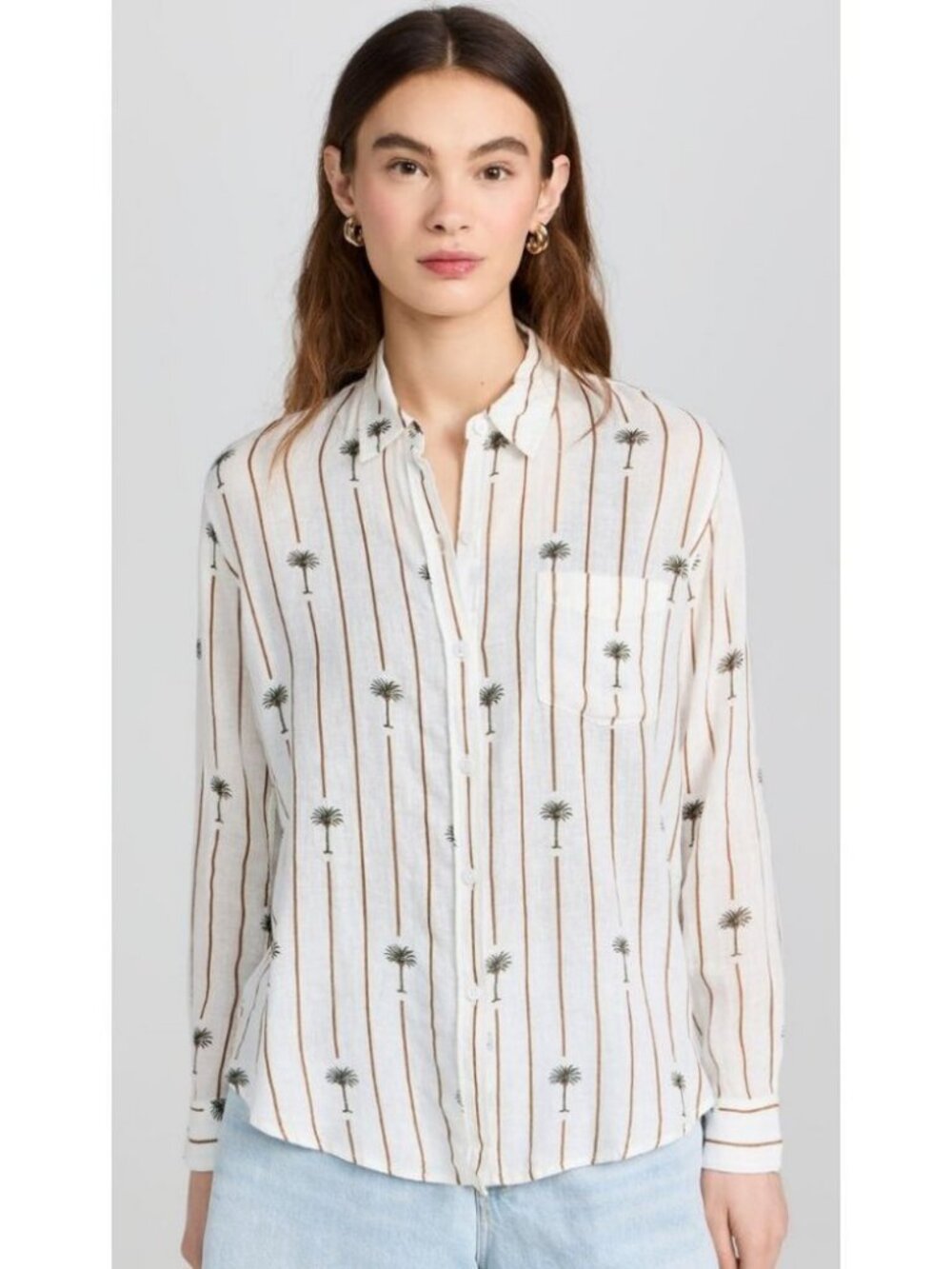 RAILS Charli Button Down Linen Shirt Stripe Palms / Size Medium